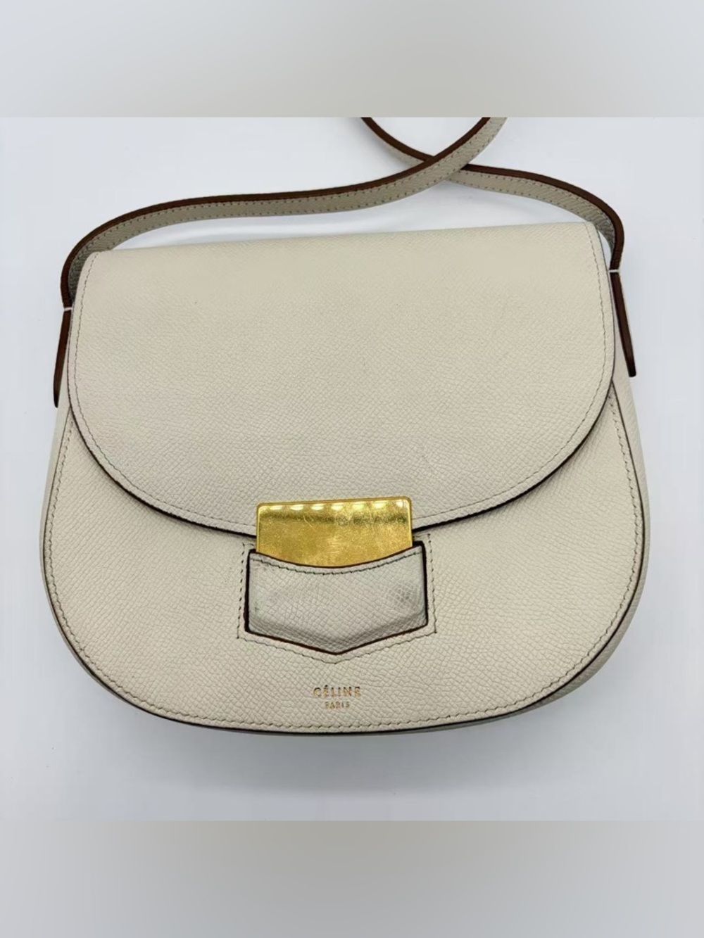 Celine Cream Leather Crossbody Bag with Gold Accent